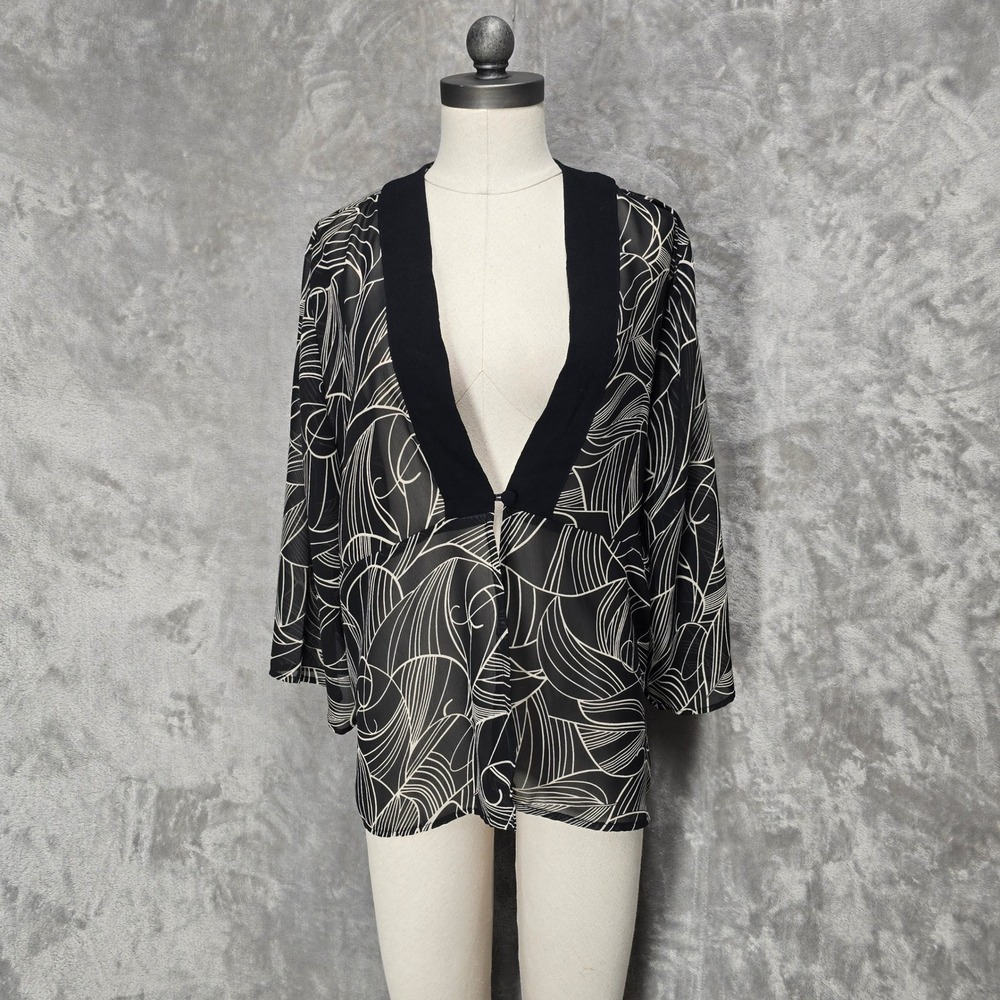Lauren M Petites Kimono Cardigan XL Blk White Sheer Abstract Layer Boho Chic Art